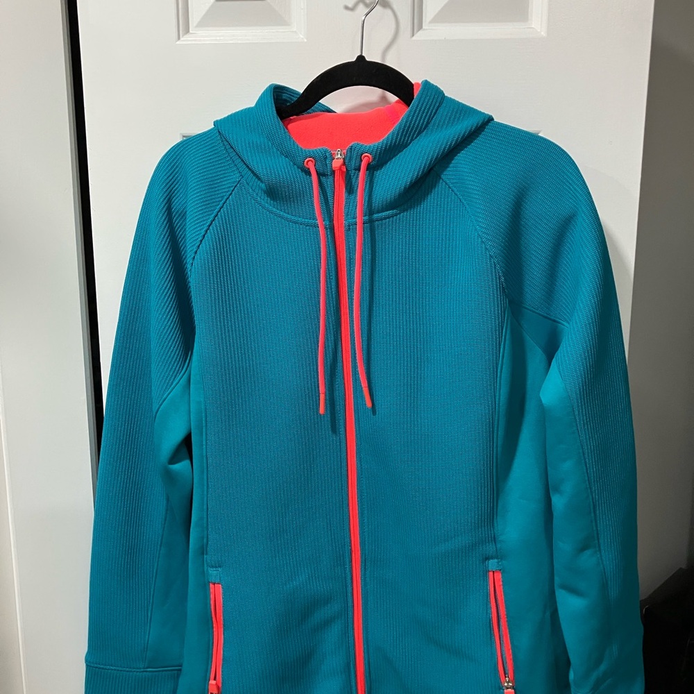 Swiss Tech Teal Fleece with Coral Trim
